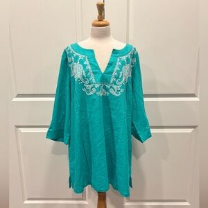 Jessica London Linen Tunic Top Size 26W Blue Embroidered Paisley 3/4 Sleeve